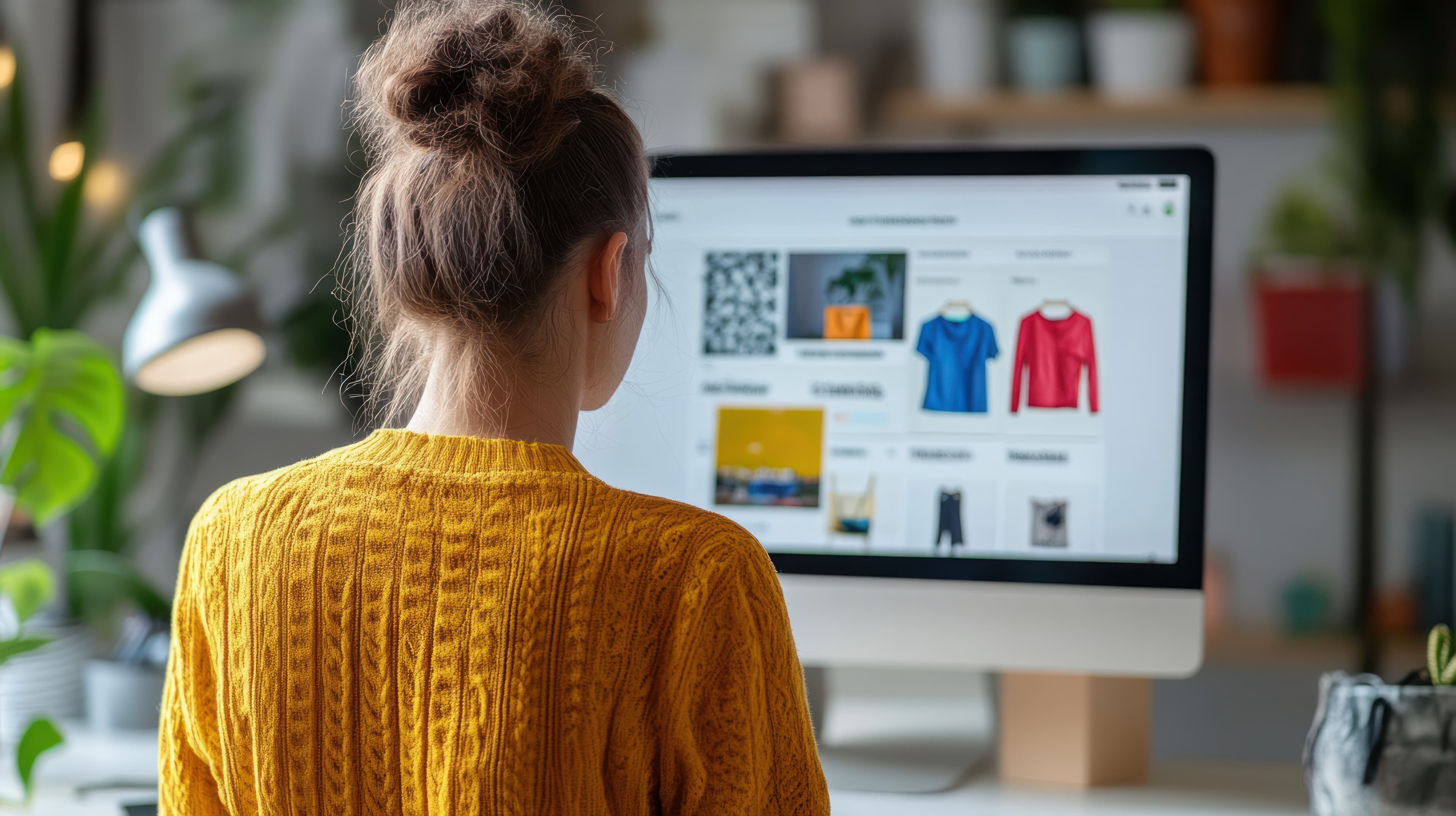 Woman in a yellow sweater looking at a computer monitor.